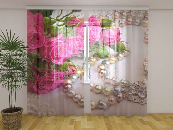 Chiffon-Gardine: ROSEN UND PERLEN