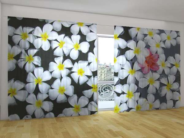 Panorama-Gardine: TROPISCHE BLUMEN AUF SCHWARZEM HINTERGRUND